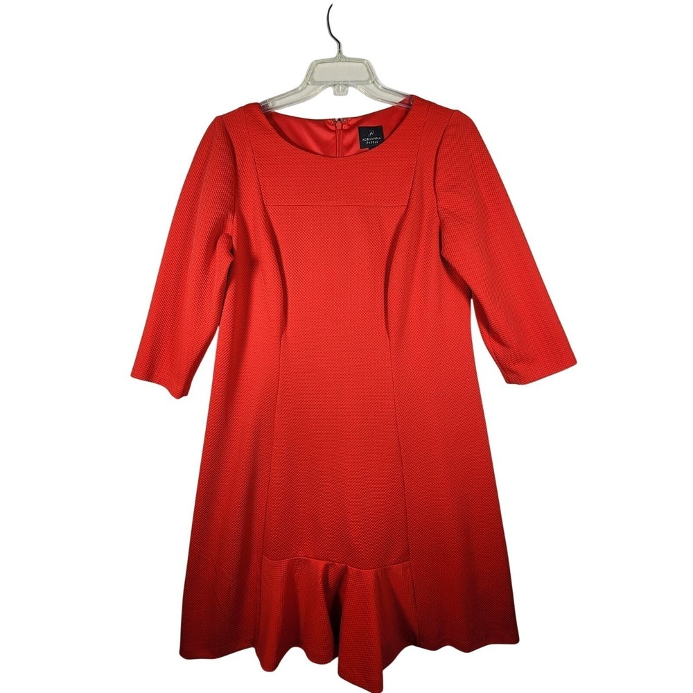 Adrianna Papell Womens 14W Textured Fit Flare Dress Red Ruffle Hem Career Chic